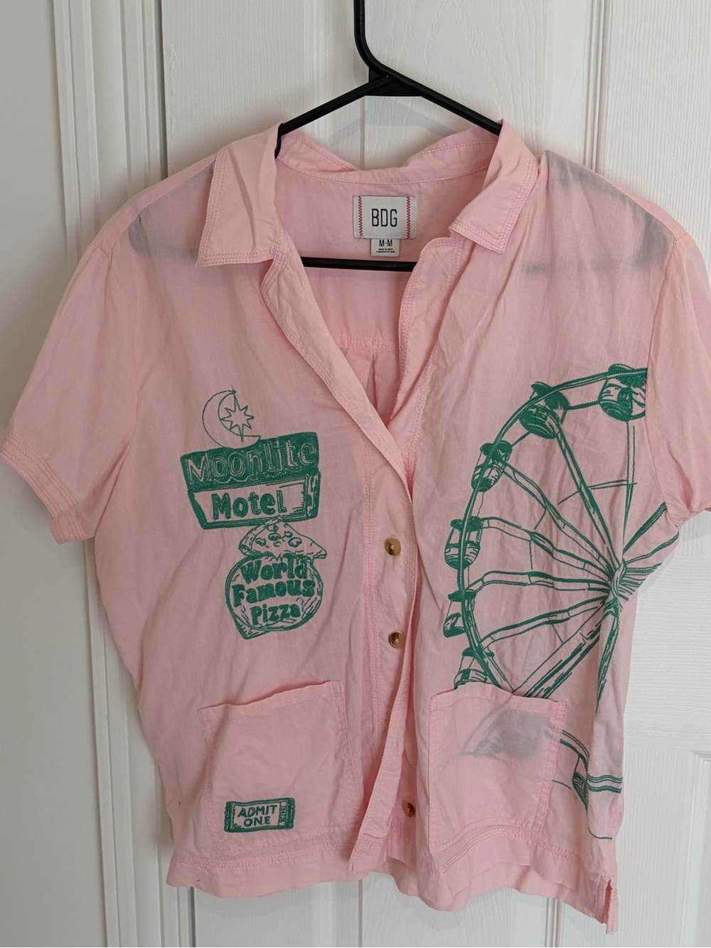 BDG Pink Short-Sleeve Button-Up Shirt with Green Ferris Wheel Print